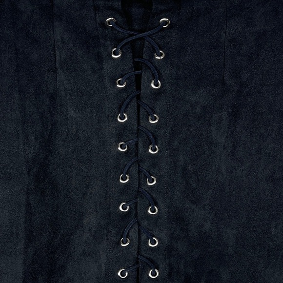 SMALL SEEK THE LABEL BLACK FAUX SUEDE MINI SKIRT STRETCH GOTH FALL CORSET FRONT - Picture 2 of 7